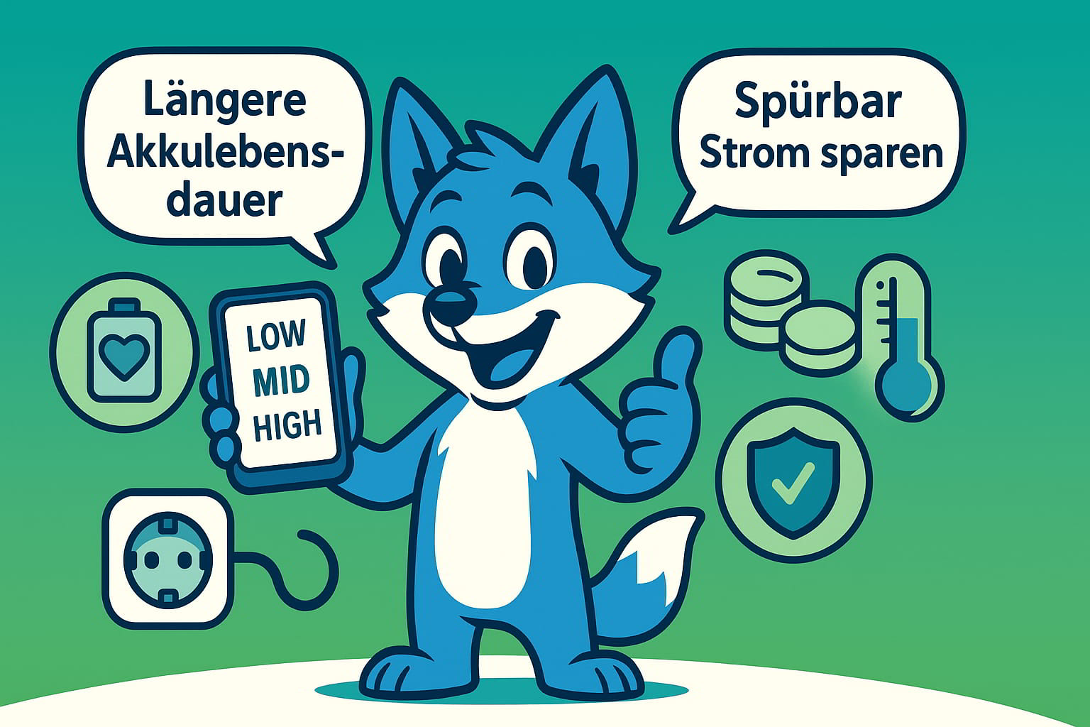 GentleWatt: blauer Fuchs symbolisiert Akkuschonung & Kostenersparnis